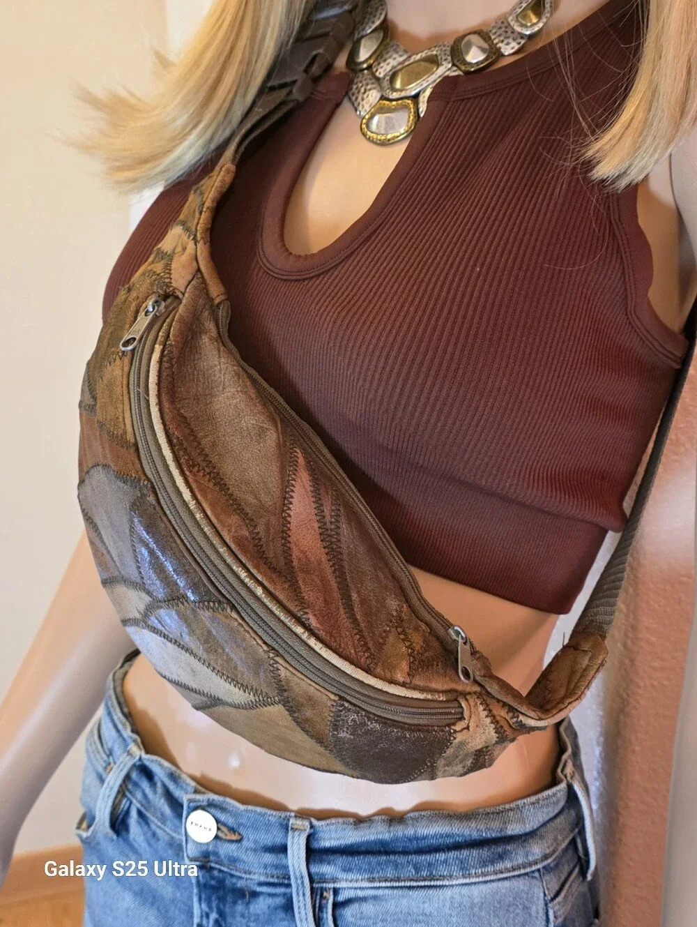 Vintage 90's Boho  Distressed Leather Patchwork Fanny Pack Sling Bag